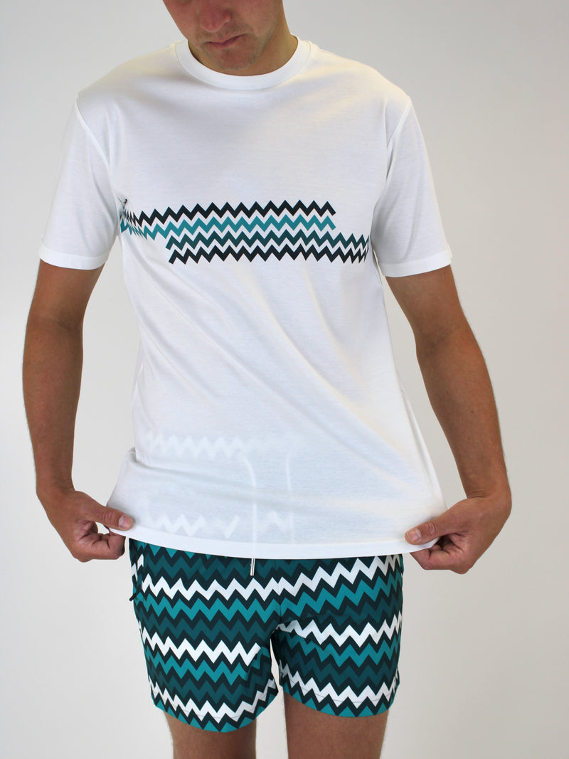 White / Teal ZigZag T-Shirt